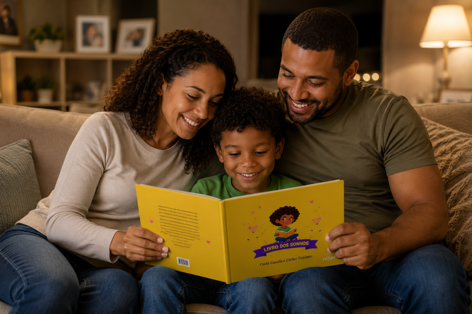 Família lendo o Livro dos Sonhos juntos no sofá