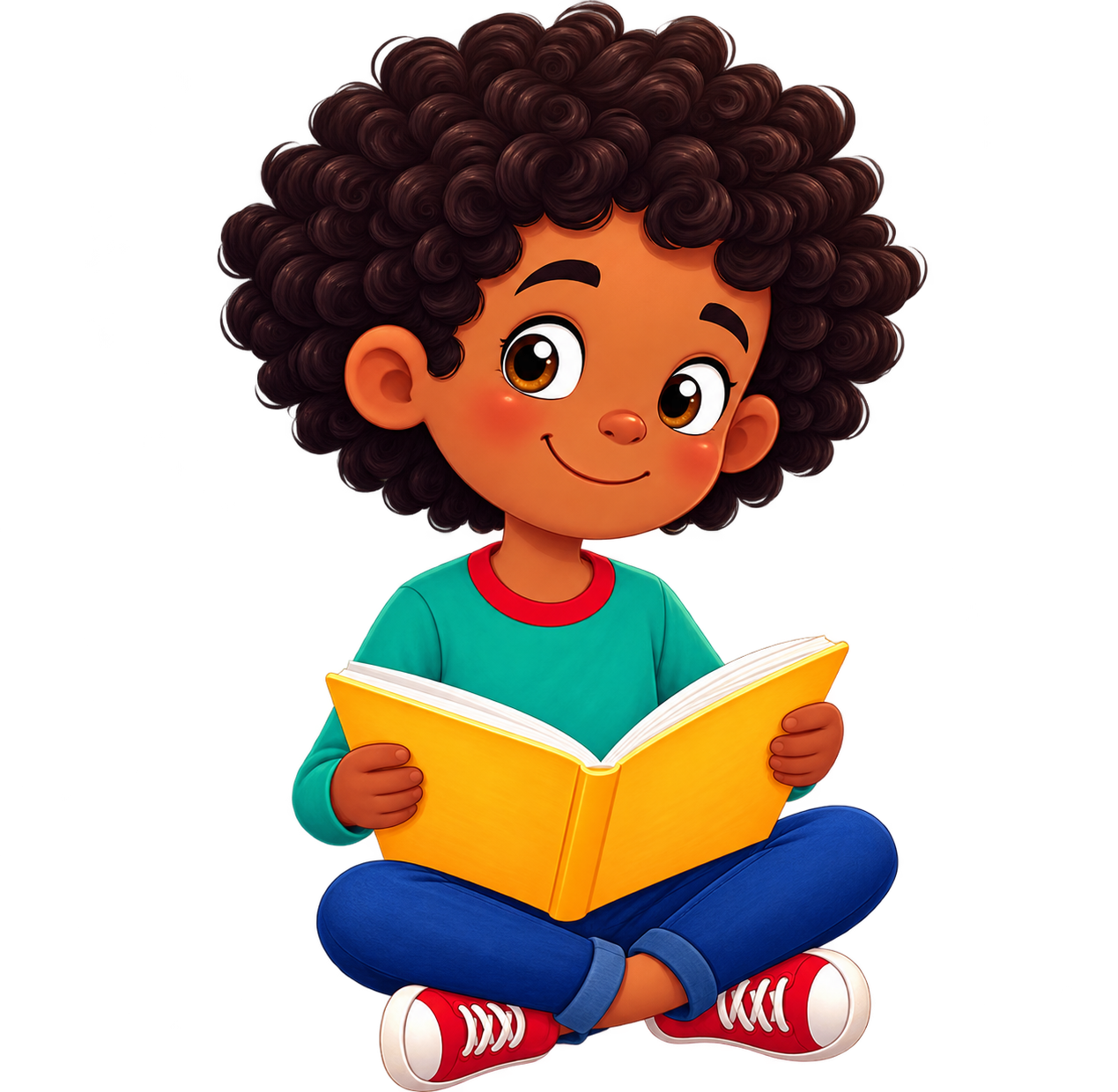 Soni, o mascote do Livro dos Sonhos, lendo um livro amarelo
