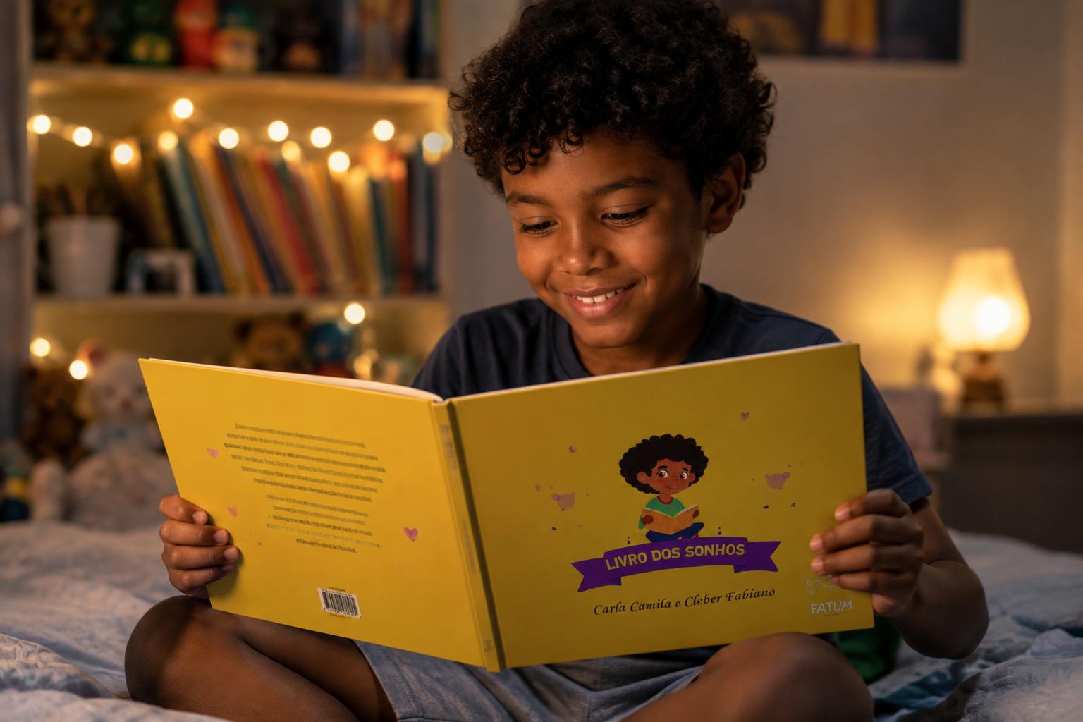 Menino sorrindo lendo o Livro dos Sonhos em seu quarto