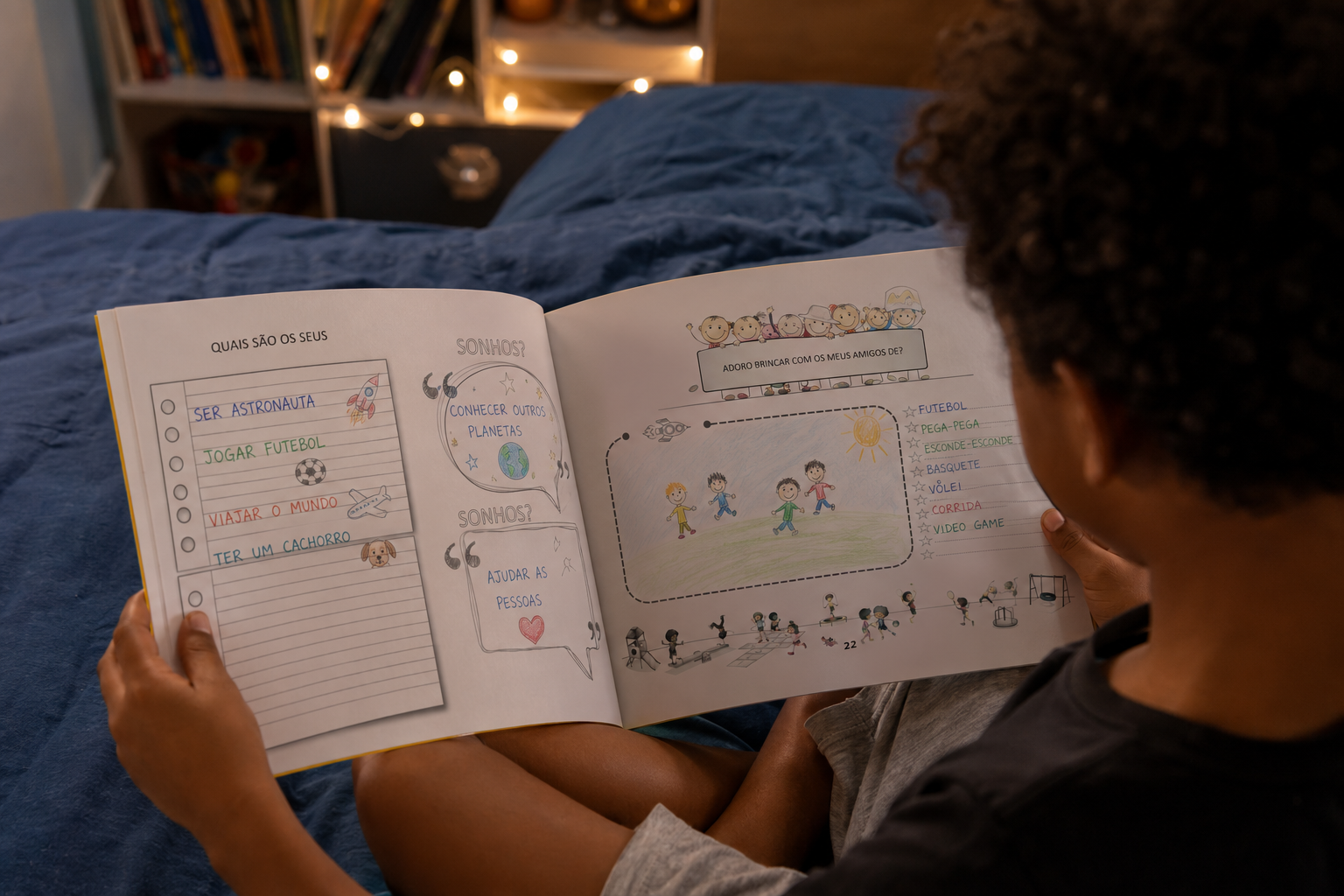 Criança folheando o Livro dos Sonhos, com páginas de sonhos e brincadeiras preenchidas à mão